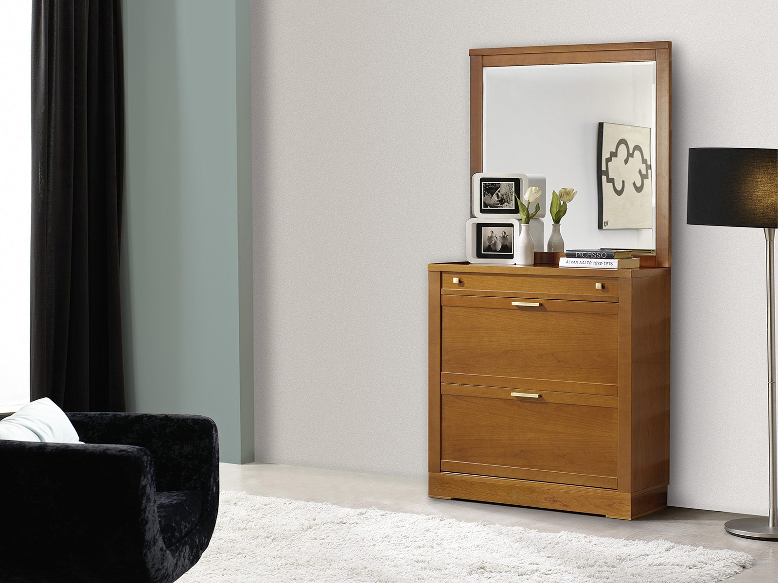 mueble zapatero abierto con espejo en Valladolid Muebles Valsero